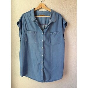Jachs Girlfriend Chambray Tencel Lyocell Button Down Short Sleeve Blouse XXL